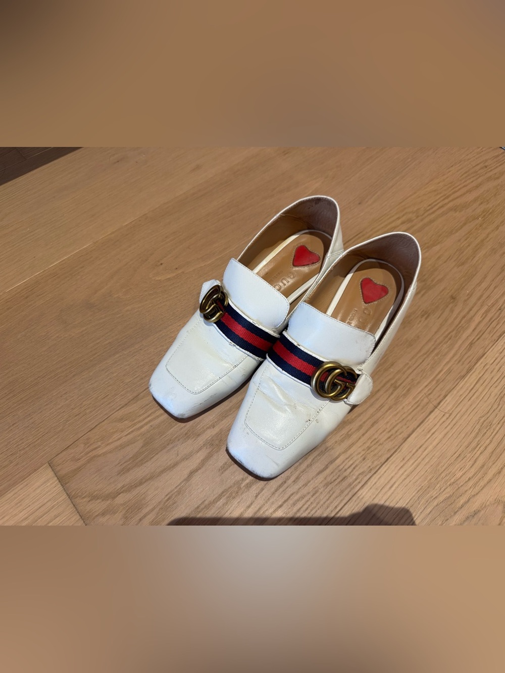 Gucci White Leather Loafers with Red & Navy Web and Gold GG